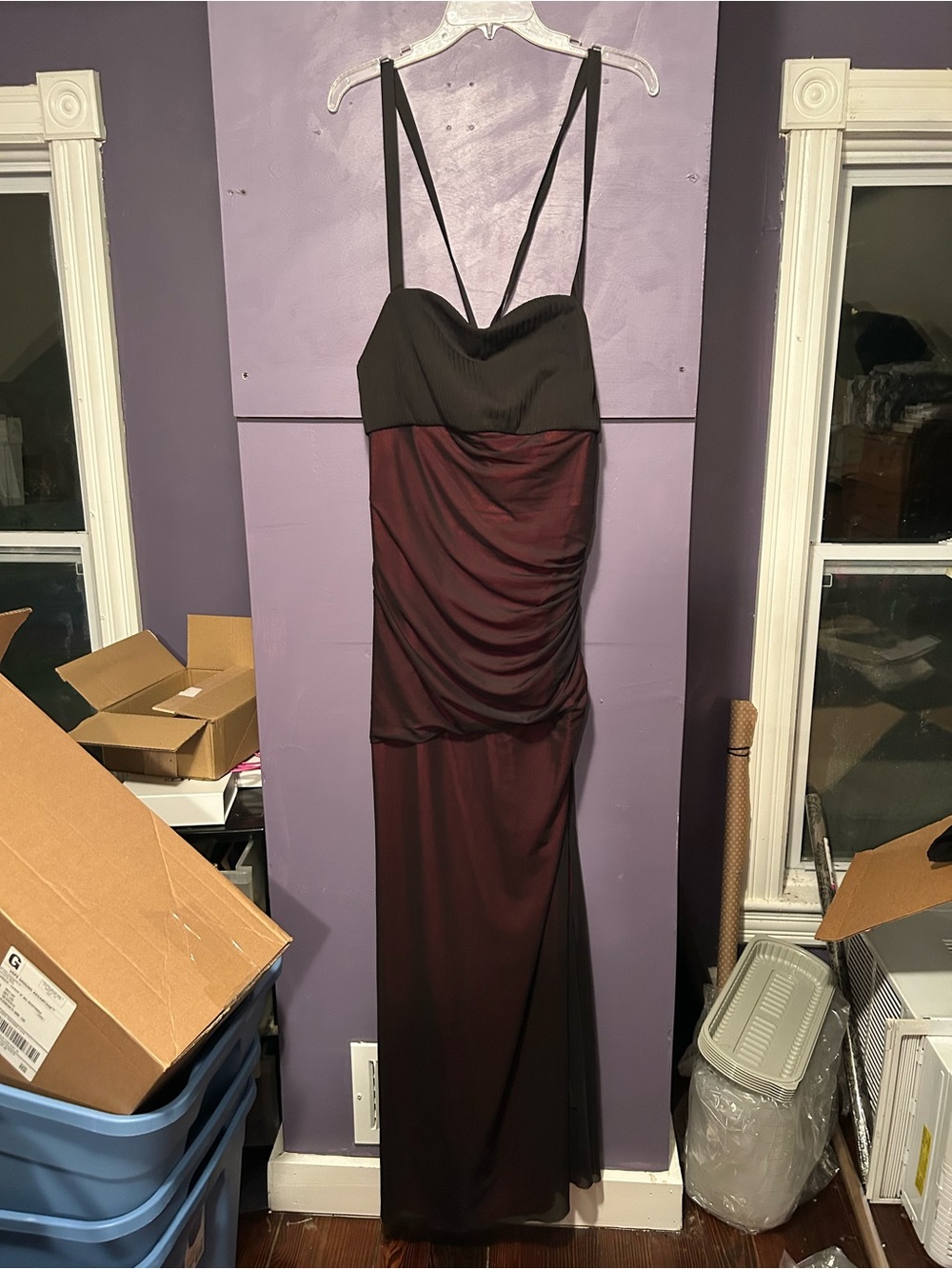 Foxblood Verona black & burgundy maxi dress with ruched detailing, size XXL nwt